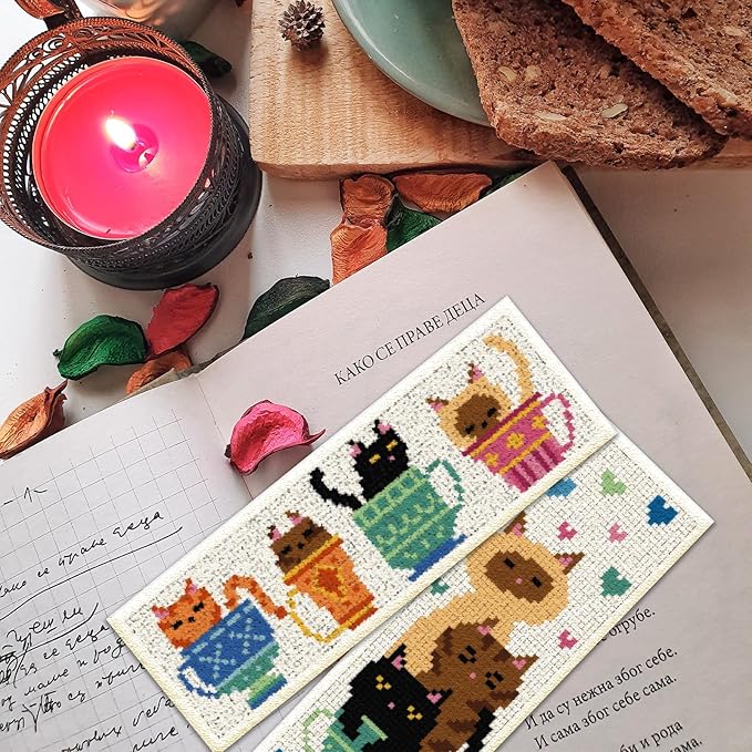 ORIGACH 6 Pcs Cross Stitch Bookmark Kit for Beginner with Backing Felt Floss Instruction Cat Teacup DIY Stamped Embroidery Bookmark Kit for Starter Adults Book Lovers