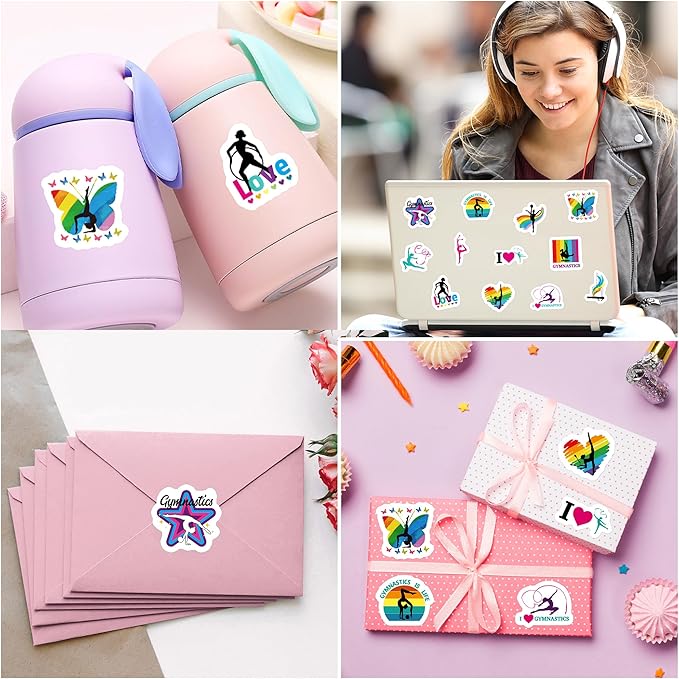 beyumi gymnastics art girl stickers - 1000pcs gymnastics stickers in 2 rolls for kids waterproof vinyl athletic art girl decals for gymnast party decor phone laptop bottle notebook luggage classroom