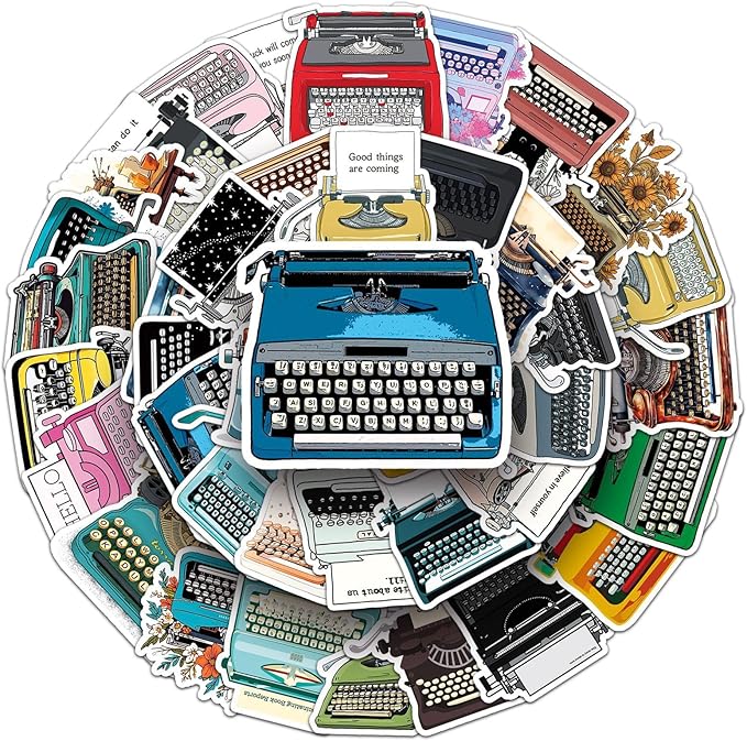 Retro Typewriter Stickers for Scrapbooking,50pcs Vintage Typewriter Decals, Waterproof Vinyl Stickers for Journals, Laptops, Home Decor, Ideal for Kids Adults
