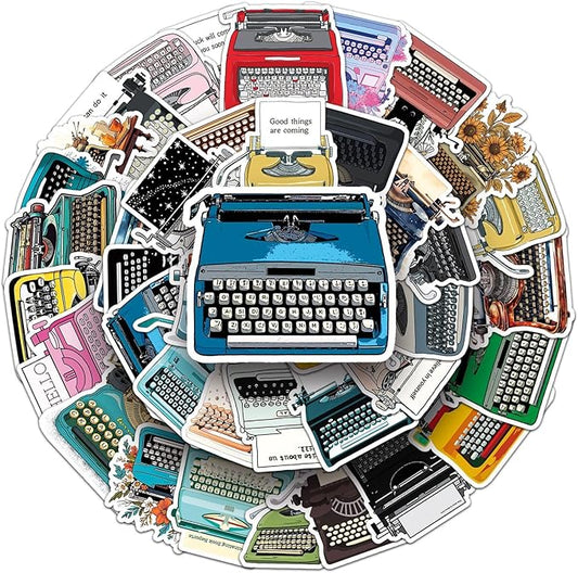 Retro Typewriter Stickers for Scrapbooking,50pcs Vintage Typewriter Decals, Waterproof Vinyl Stickers for Journals, Laptops, Home Decor, Ideal for Kids Adults