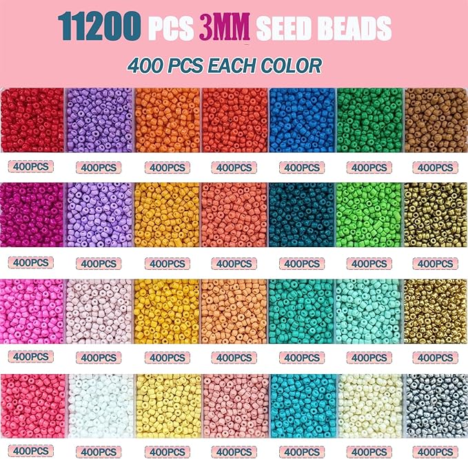 LLchunyun 3mm Glass Seed Beads for Bracelet,11200Pcs Small Beads for Jewelry Making 28 Colors Friendship Bracelet Making Kit for Adults DIY Crafts