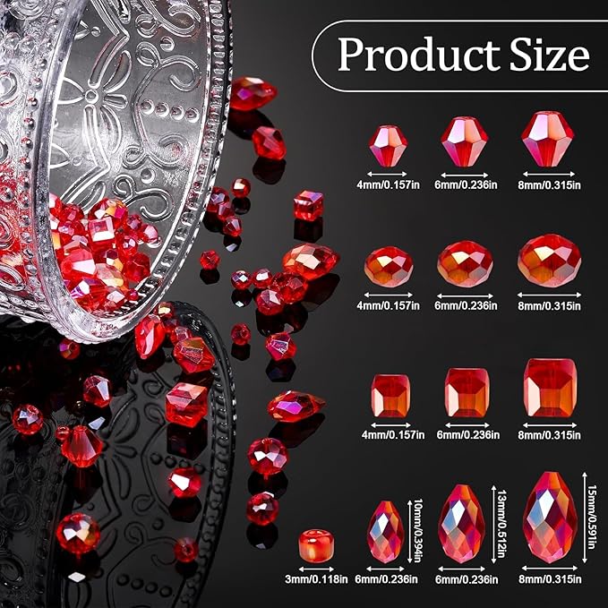 Song Xi 1500PCS Glass Beads for Jewelry Making, Assorted Faceted Crystal Beads Kit for Bracelet Earring Necklace, for DIY Clear and Iridescent Christmas Gift (AB Red) ﻿ ﻿