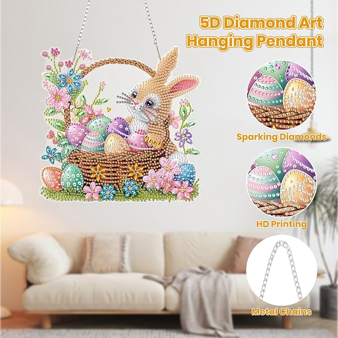 MOGTAA Easter Bunny Diamond Art Hanging Kits for Adults Beginners, Easter Egg Diamond Art Suncatchers, 5D Special Shape Flowers Diamond Painting Window Pendant Kit for Home Garden Wall Decor