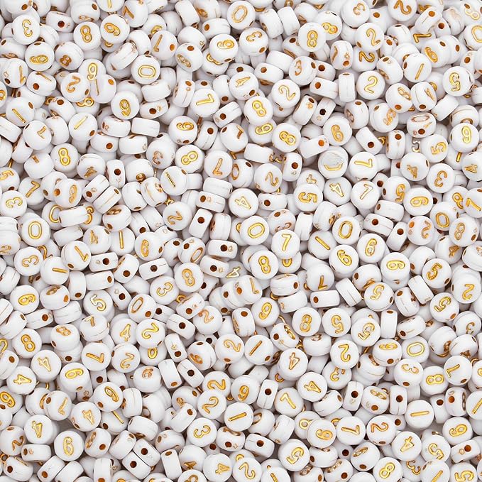 LAIDANLA 1000PCS Acrylic Number Beads Gold Number White Round Bead 7×4mm for Jewelry Bracelets Necklaces Key Chains Making
