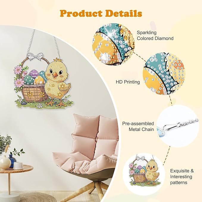 HEIBAGO Easter Diamond Art Hanging Kits for Adults, Diamond Art Suncatchers Chick, 5D Special Shape Diamond Painting Pendant, DIY Window Ornament Gifts for Home Garden Door Wall Decor 8.3 x 8.3 Inch