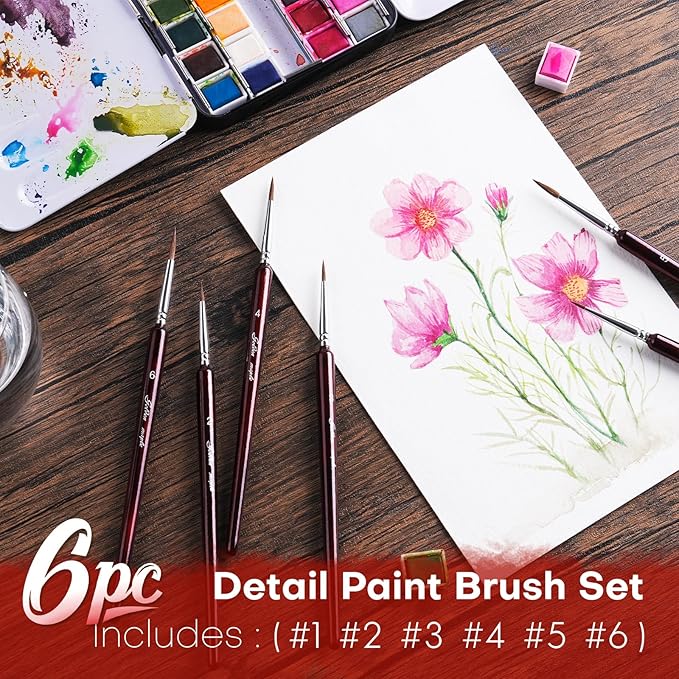 Professional Sable Hair Detail Paint Brush Set - 6 Miniature Art Brushes for Fine Detailing & Art Painting - Acrylic, Watercolor, Oil - Miniatures, Models, Red