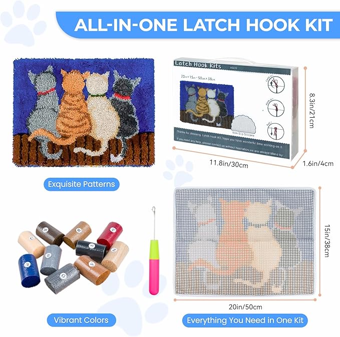 EsLuker.ly Latch Hook Rug Kit DIY Crochet Carpet for Beginners, Cats Patterns Pre-Printed Canvas Yarn Rug Hooking Kits, Creative Craft Home Decor Ideal for Learning Rug Making, Blue