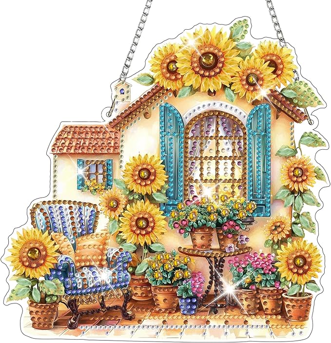 NAIMOER Diamond Art Hanging Kits for Adults, Sunflower House Diamond Art Suncatchers, 5D Special Shape Fall Diamond Painting Pendant Window Ornament Gifts for Home Garden Door Wall Decor