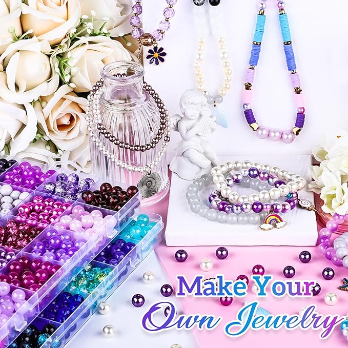 XSEINO About 1200PCS 8mm Glass Beads Bracelet Making Kit，48 Assorted Dreamy Purple and Blue Series Colorful Crystal Beads for Making and DIY Crafts