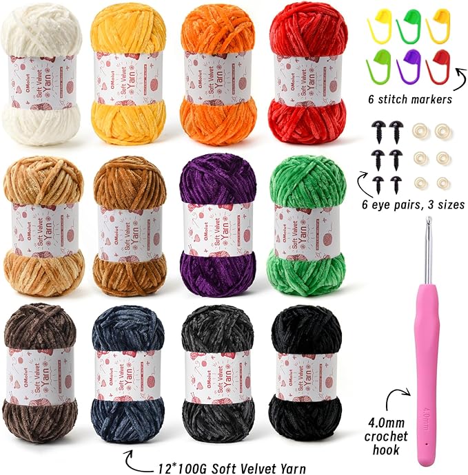12 Pack Chenille Chunky Yarn - Baby Yarn for Crocheting Soft - Red Orange Green Blue Purple Black White Velvet Yarns Crochet Blanket - Amigurumi Yarns Pack with Crochet Accessories D