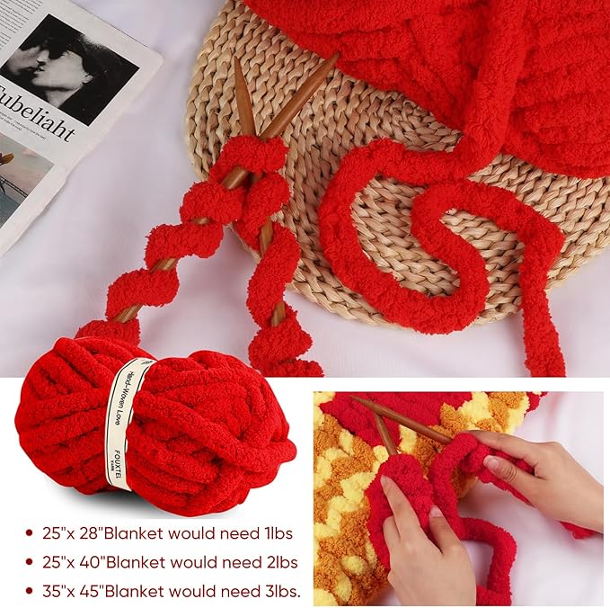 8 Jumbo Packs Chunky Chenille Yarn for Crocheting, 31.7 yds, 8 oz Each Skein Bulky Thick Fluffy Yarn for Knitting, Super Bulky Chunky Yarn for Hand Knitting Blanket, Soft Plush - Red