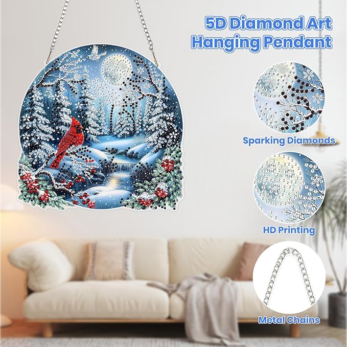 MOGTAA Christmas Diamond Art Hanging Kits for Adults Kids, Christmas Cardinal Diamond Art Suncatchers, 5D Special Shape Winter Diamond Painting Window Pendant Kit for Home Garden Wall Decor