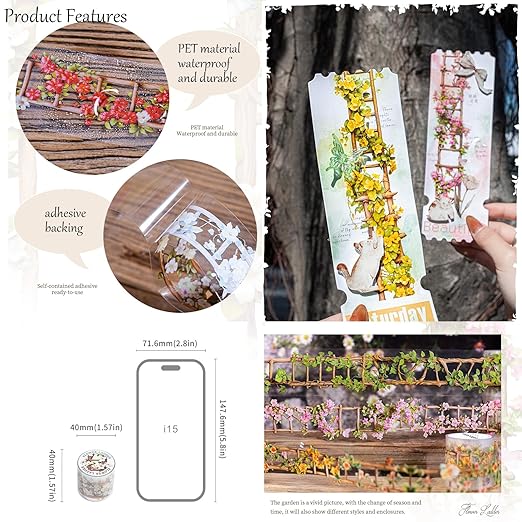 PET Washi Tape Stickers for Junk Journal Supplies,6 Rolls of Nature Floral Staircase Themed Journal Stickers for Scrapbooking,Journaling Supplies,Planer (Sunny)