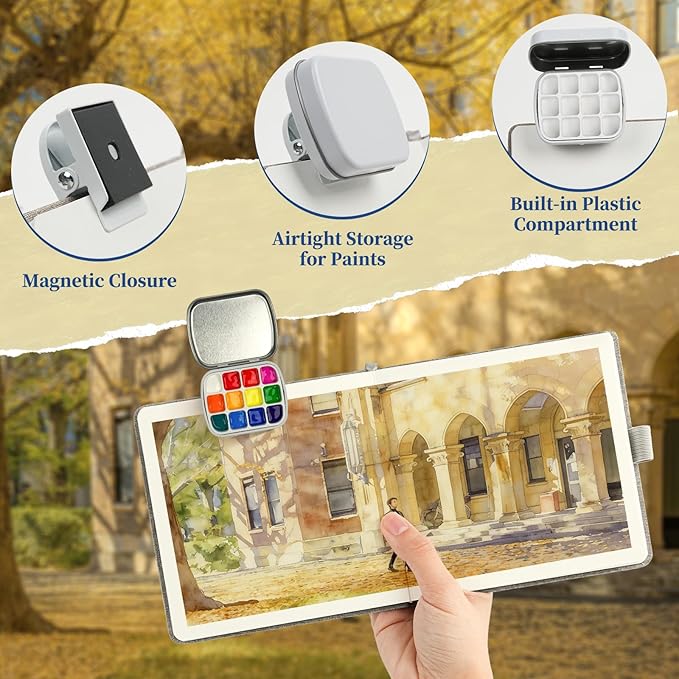 Vienrose Mini Portable Watercolor Palette Set for Travel & Outdoor Painting with 5.5" x 5.5" Linen Cover Watercolor Sketchbook, 12-Color Watercolor Paints, 3 Pens, Artist Tape & Storage Bag