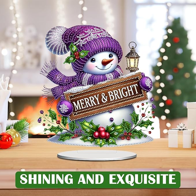LAKEQUILL Christmas Diamond Painting Kits, Tabletop Ornament, Stand Up Diamond Art Desktop Kits for Home Office Decor, New Year Gift - Snowman (Purple)