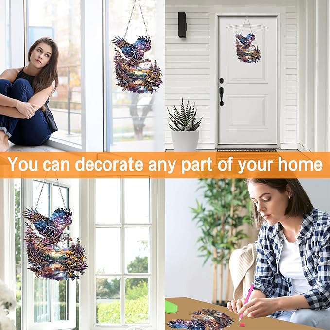 Ginfonr Diamond Painting Kits Hanging Pendant, Eagle Diamond Art Kits for Adults, Special Shaped Rhinestone Landscapes Diamond Art, Double Sided Home Hanging Kits for Garden Wall Window (8 x 8inch)