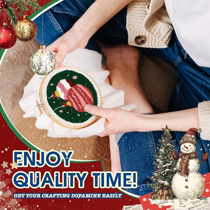 yuegool 2PCS Christmas Punch Needle Decoration Kit, Easy DIY Punch Needle Embroidery Kit for Beginners & Adults Including Patterns, Tools, Yarns, Hoop, Instruction, Bracket Art Craft Supplies
