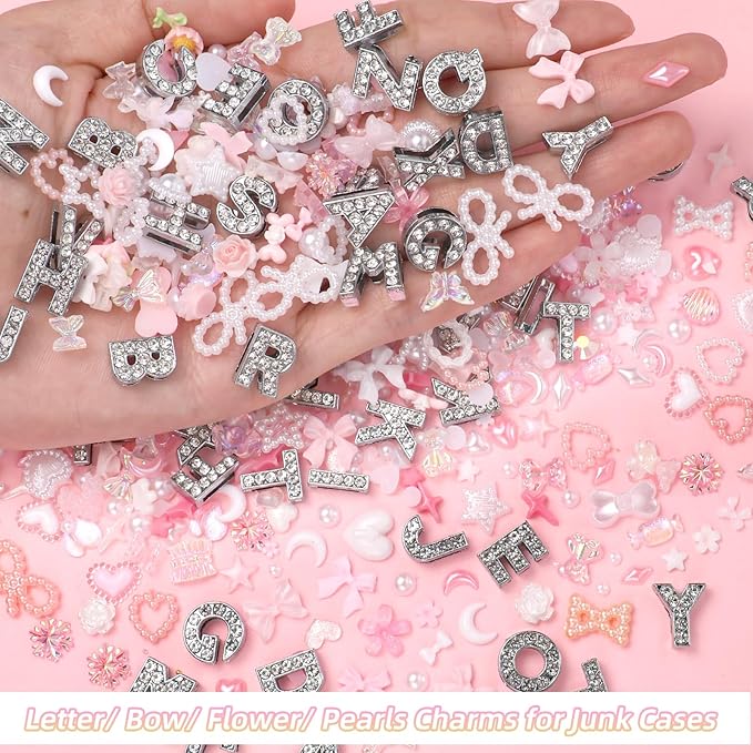Junk Case Charms Kit, 52 Pcs A-Z Alphabet Letters Junk Case Kit, Pink Assorted Slime Charms Bulk Letter Charms for DIY Necklace Bracelets Jewelry Making Scrapbooking Crafts