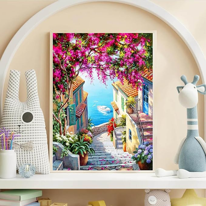 WUDWL Diamond Art Kits for Adults Beginner, Seaside Town DIY Modern Diamond Painting Kits 5D Diamond Dots Gem Art Crafts with Tools,Round Full Drill Funny Crafts for Home Wall Decor&Gift-12x16inch