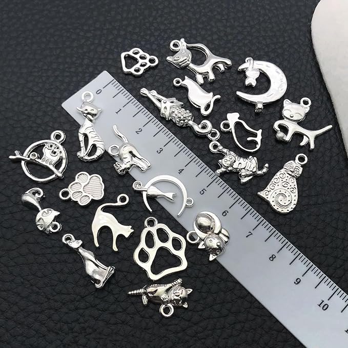 WOCRAFT 60pcs Bright Silver Cat Charms Bracelet Charms for Jewelry Making Sets DIY Necklace Bracelet Keychain Crafting Charms Kit Craft Supplies (SN843)