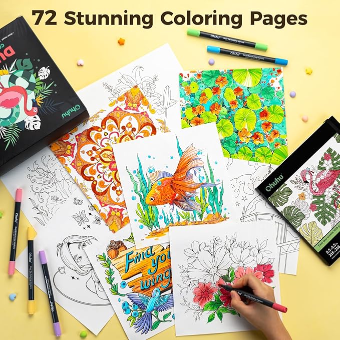 Ohuhu Markers Brush Tip 80-colors with 72-sheet Coloring Book - Double Tipped Markers for Adults Coloring Books - Art Marker Set Bundles with 100% Bleed-proof Pages - Fine & Brush Dual Tips