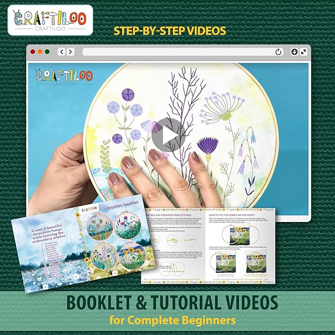 CRAFTILOO Embroidery Kit for Beginners Adults — 4 Floral Stamped Patterns, Learn 17 Stitches | Complete Needlepoint Kit with Hoop, Needles, Thread & Video Tutorial | Embroidery Kits for Adults Women