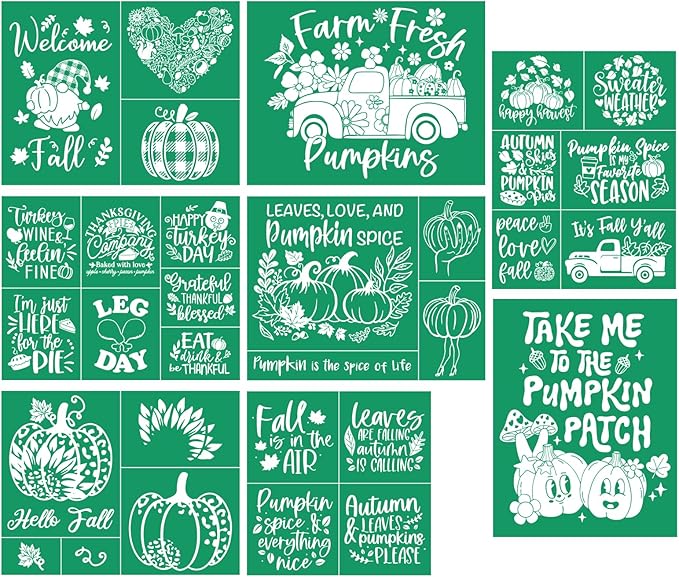 DGAGA 8PCS Fall Silk Screen Stencils Reusable Self Adhesive Chalk Mesh Stencils Autumn Silkscreen Transfers for Painting on Wood,Craft,DIY Farmhouse Signs Screenprinting Starter Kit for Chalk Paste