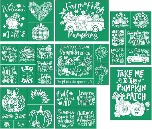 DGAGA 8PCS Fall Silk Screen Stencils Reusable Self Adhesive Chalk Mesh Stencils Autumn Silkscreen Transfers for Painting on Wood,Craft,DIY Farmhouse Signs Screenprinting Starter Kit for Chalk Paste