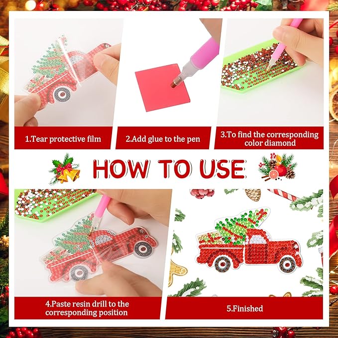 Ferraycle 12 Pcs Diamond Art Christmas Ornaments Christmas Diamond Painting Ornaments 5d DIY Painting Keychain Kits Xmas Hanging Paint Kits for Adults Crafts Family Decor