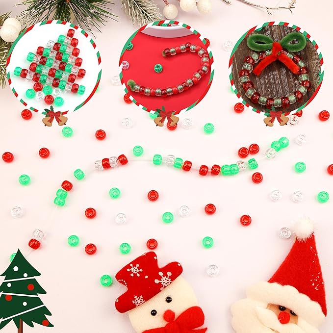 1000 Pcs Christmas Pony Beads Plastic Bead for Bracelets Christmas Beads for Jewelry Making Transparent Red Transparent Green White Pony Bead for Crafts