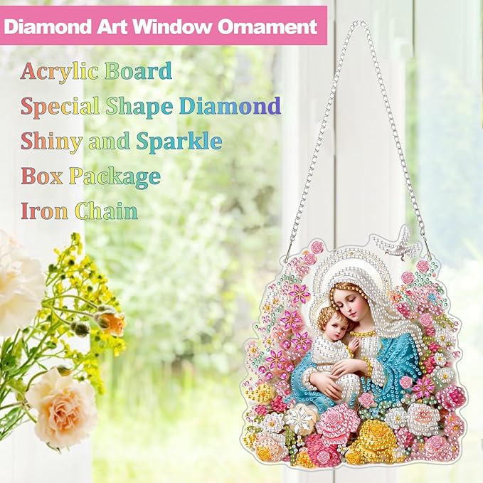 CEOVR Virgin Mary Hanging Diamond Art Kits for Adults, Nativity Special Shape Religious Diamond Painting DIY Gem Art, Windows Pendant with Chain, Acrylic Home Garden Decor, Box Kit 7.05x7.62In