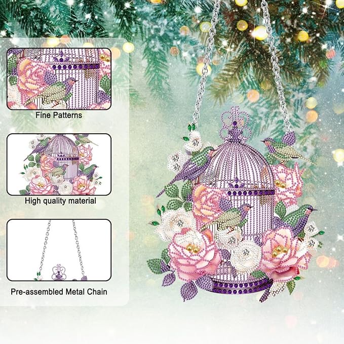 Flower Birdcage Design DIY Diamond Art Painting Wreath Kits Special Shaped Rhinestone Diamond Art Window Pendants Home Garden Wall Hanging Kits (Single Side Point Drill) (#11-Cat) (#06-Bird)