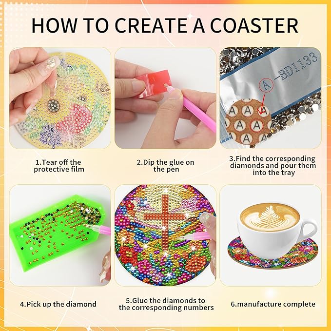8 Pcs Cross Diamond Art Coasters Kit with Holder and Cork Pads, DIY Christian Diamond Painting Coasters for Adults Beginners, Religious Crafts for Home Decor or Gift