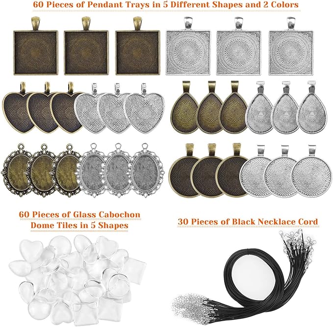 Aenezus Pendant Trays Set with Glass Cabochons for Jewelry Making - 90pcs, Includes 30pcs Bezel Pendants, 30 Glass Cabochons, 30 Necklace Cords