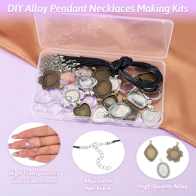Bestewelry Pendant Trays Kit Vintage Alloy Bezel Pendant Trays Charms Set with Glass Cabochon and Adjustable Necklace Cords for DIY Crafts Jewelry Making Resin Art Party Favor