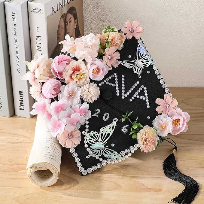 VISSTREE DIY Graduation Cap Decorations, 40 Pcs 2026 Grad Cap Topper Decorations Kit with Artificial Flower, Glitter Paper, 3D Butterfly, Pearls Alphabet Stickers, Lace for 2026 Graduate Supplies Gift
