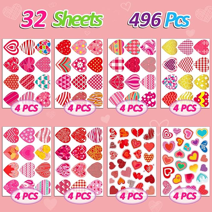 496 pcs valentines stickers, cute heart stickers, valentines day sticker for kids, class gifts for kids classroom school, crafts party favors decoration