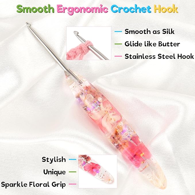 Katech 3.0mm Crochet Hook for Arthritic Hands, Hand-Polished Stainless Steel Ergonomic Crochet Hooks with Customized Sparkle Dried Floral Grip, Soft Tapered Hook-Crochet Gift for Beginner & Crocheter