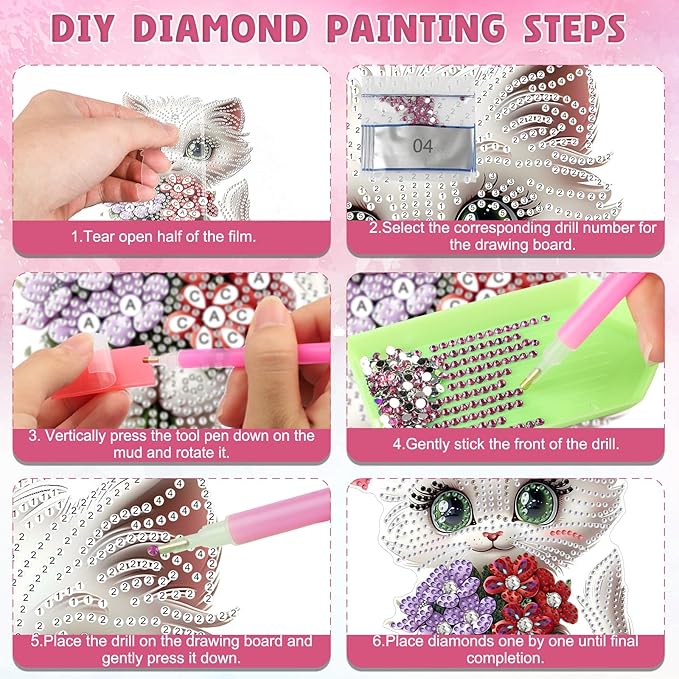 DOMROM Cat Diamond Art Hanging Kits for Kids Beginners, Special Shaped Crystal Diamond Painting Cat Pendant, DIY Diamond Art Suncatchers Animal for Home Garden Wall Decor Gift