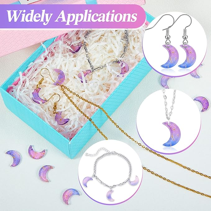 200 Pcs Crystal Charms Moon Pendants Crescent Shape Glass Tiny Hanging Pendants with Gold Foil Small Moon Pendant with Storage Box for Jewelry Making DIY Craft Beads Necklace Earrings, 16 x 11.5 mm