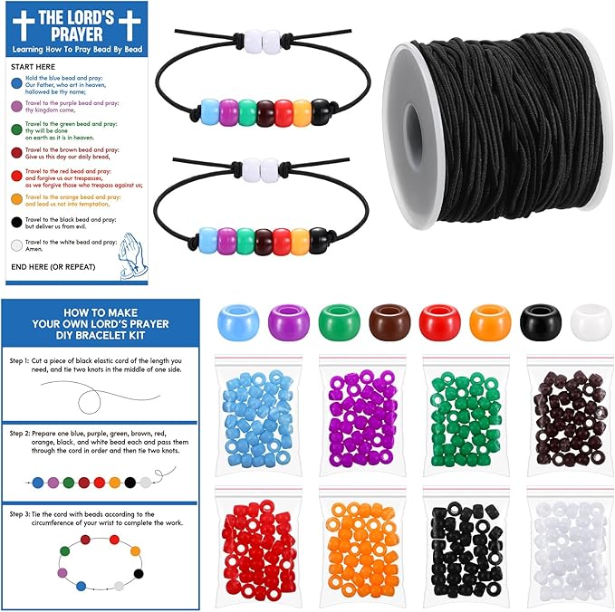 Tondiamo 24 Sets The Lord's Prayer Wristband Craft Kit Christian Faith Beaded Craft Eight Colors Beads DIY Religious Bracelet Jewelry Making Gifts for Vbs Supplies Fun Home Activities