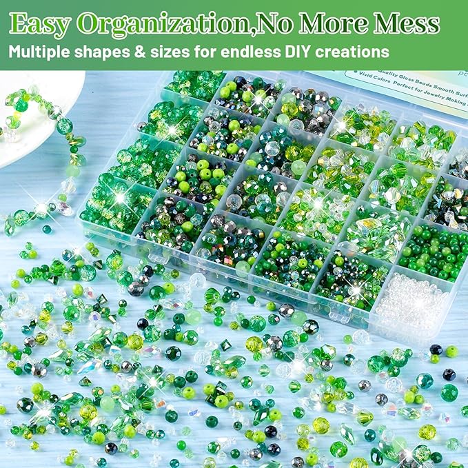 2000 Pcs Glass Beads for Jewelry Making –High Shine, Faceted Cut Crystal Sun Catcher Beads, DIY Bracelet Necklace Earring Craft Kit and Lamp Decor with Organizer Box for St. Paddy's Day, Green