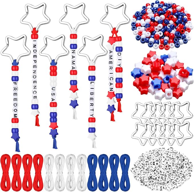 Landical 564 Pcs Patriotic Keychain DIY Making Kit Star Bead Keychain Kit Independence Day Key Chain 250th Anniversary Making Craft Adjustable Memorial Day Gift Accessories Favor(Red Blue White)