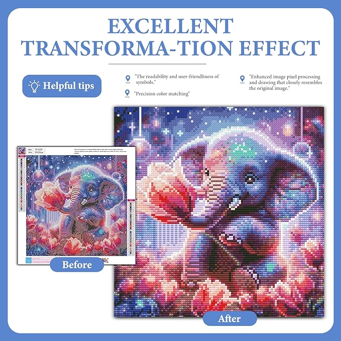 Camocin Diamond Art Kits for Adults Elephant, 5D Tulips Diamond Painting Kits for Adults Beginners, DIY Elephant Full Round Dots Drill Gem Art Kit for Gift Home Wall Decor 14 x 14 Inch