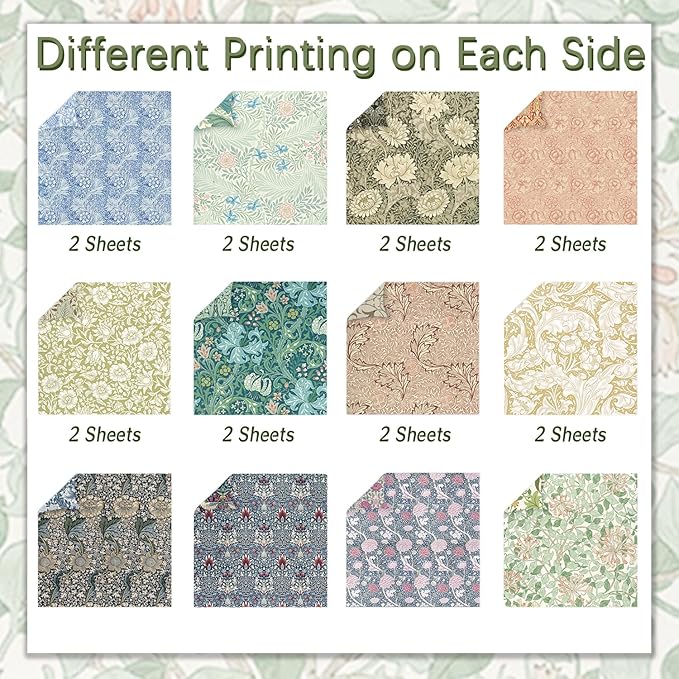 24 Sheets Scrapbook Paper 12" Double-Sided Photo Backdrop Bohemian Patterned (Floral Design J)