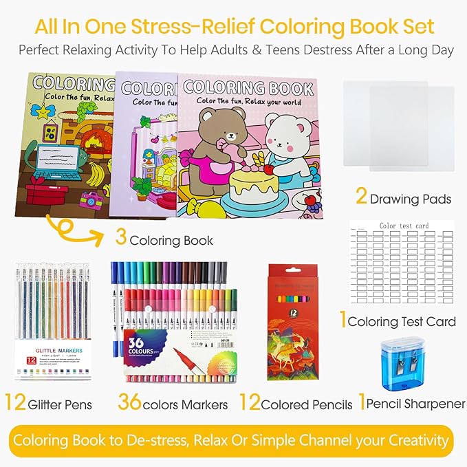Cute Coloring Book Set for Teens Adults Relaxation, Easy and Simple Designs Coloring Book for Teens Girls, Stress Relief Gifts for Women with 36 Colors Markers & 12 Glitter Pens & 12 Colored Pencils