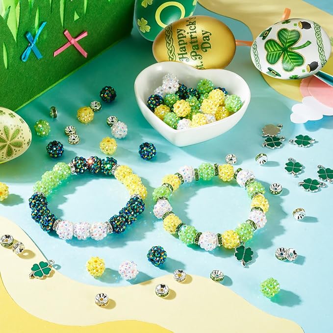 Cheriswelry St.Patrick's Day Jewelry Making Kit Green Clover Four Leaf Charms Clay Disco Ball Beads Flat Round Rhinestone Spacer Bead for DIY Necklace Bracelet Earring Accessories 137Pcs/Set