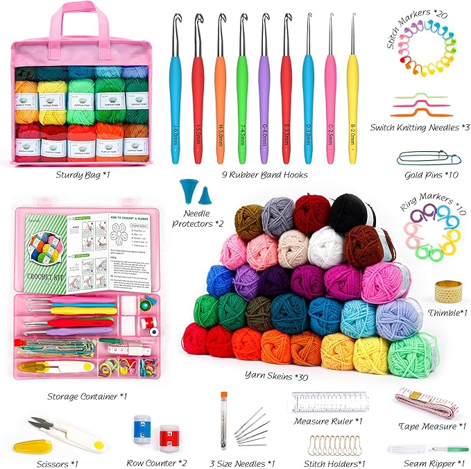 Crochet Yarn Kit for Beginners Adults and Kids, Includes 1650 Yards 30 Colors Acrylic Skeins, User Manual, Hooks, Pink Bag etc, Make Amigurumi & Crocheting Projects, Starter Set for Professionals