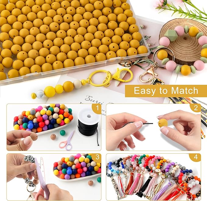 150Pcs 15mm Silicone Beads for Keychain Making Bracelet Necklace, Bulk Round Silicone Beads for Pens(Mustard Yellow)