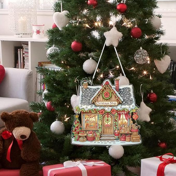 Christmas Shop Diamond Art Kits for Adults, DIY Pendant Diamond Painting Kits for Beginners, 5D Special Shape Full Drill Hanging Diamond Gem Art Painting Kits for Window Suncatchers for Home Decor